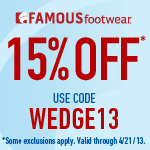 Famous Footwear - Coupon Deal - Save additional 15% off Sitewide with coupon code. Valid until 4/21/13.